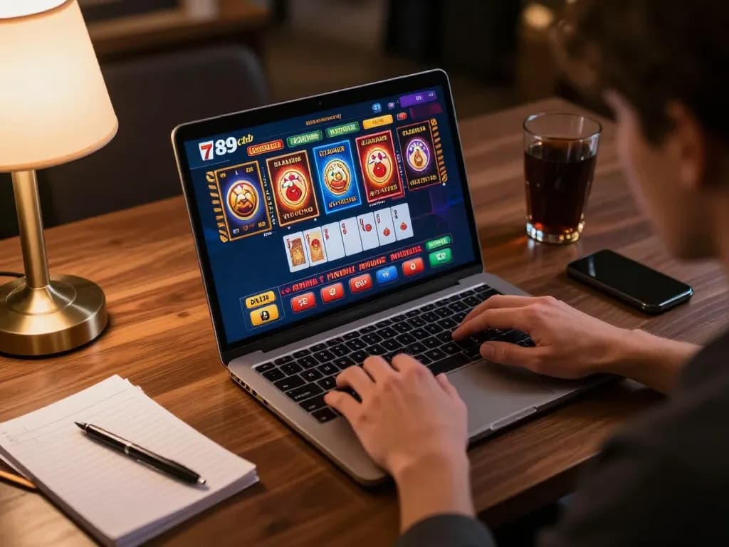 Engaging scene of a player using the 789club online gaming platform with vibrant card games displayed on their laptop.