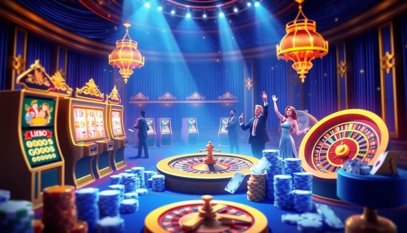 Enjoy the excitement of idn slot games in a luxurious online casino setting featuring vibrant slot machines and roulette.