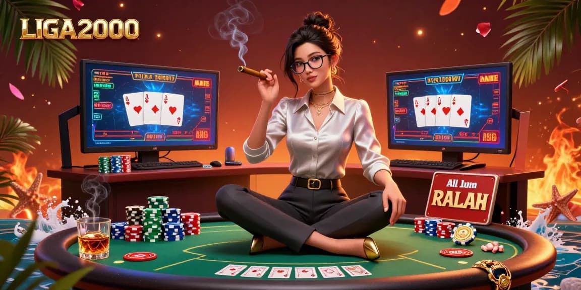 LIGA2000 menampilkan seorang wanita Asia yang anggun terlibat dalam pengaturan permainan kasino berteknologi tinggi dengan elemen poker yang cerah.