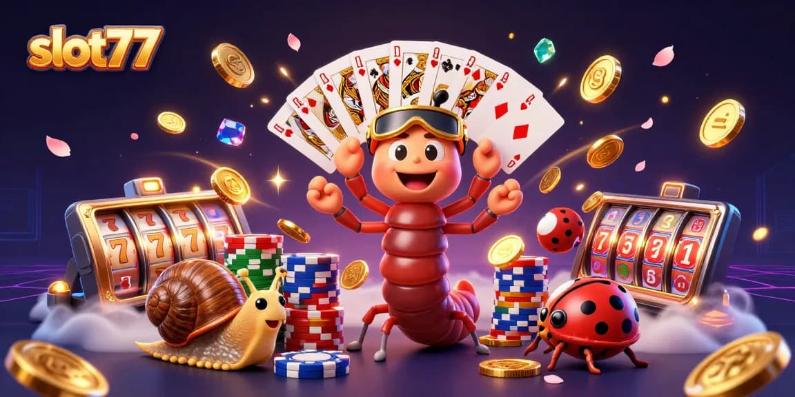 Experience the thrill at slot77 with a colorful 3D casino scene featuring a millipede dealer and exciting gameplay elements.