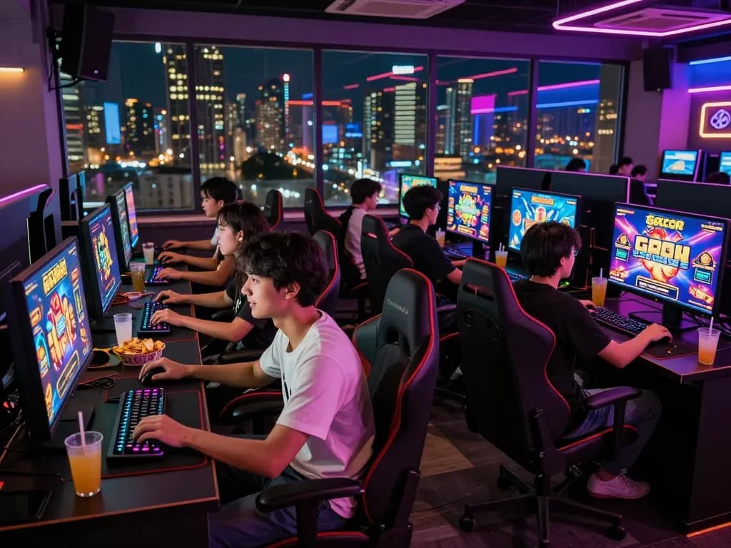 Suasana ruang permainan yang menarik dengan teman-teman yang terlibat dalam permainan slot gacor hari ini, estetika modern, dan atmosfer yang semarak.