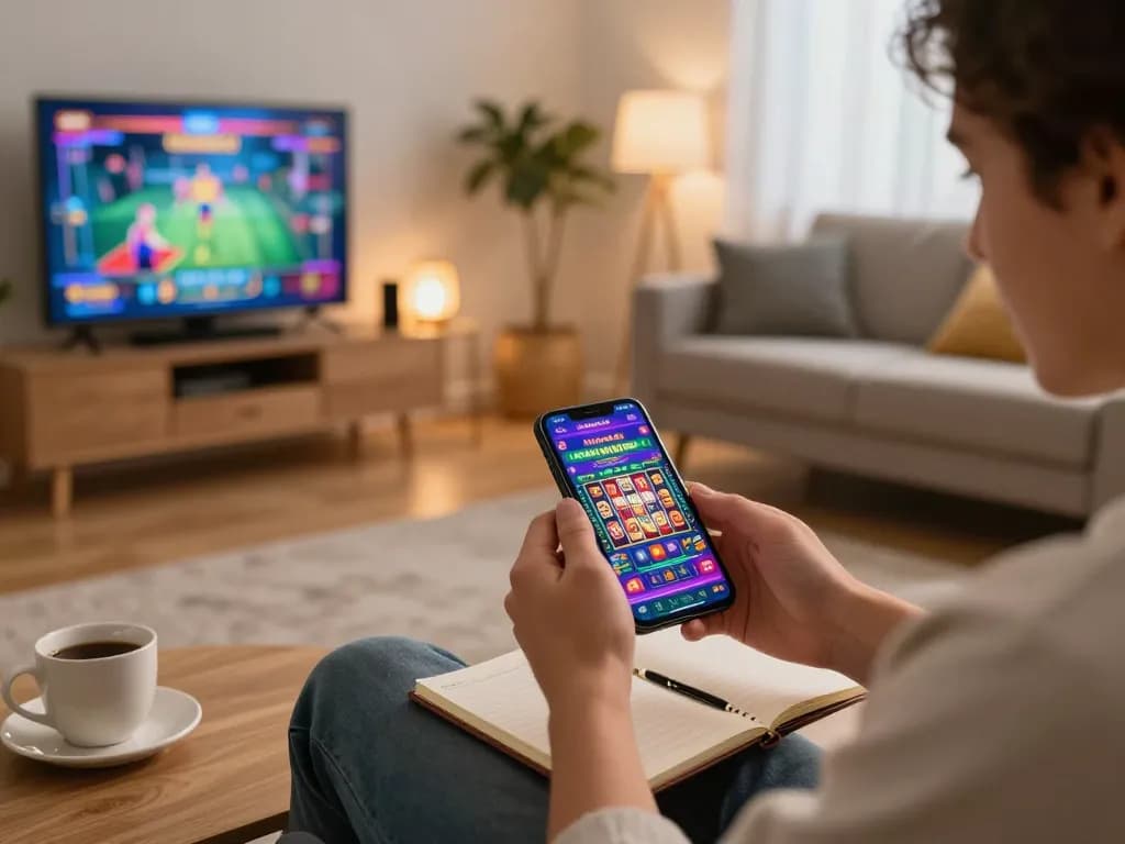 người chơi lucks8 sử dụng ứng dụng casino trên di động, màu sắc sôi động và không khí ấm cúng tại nhà