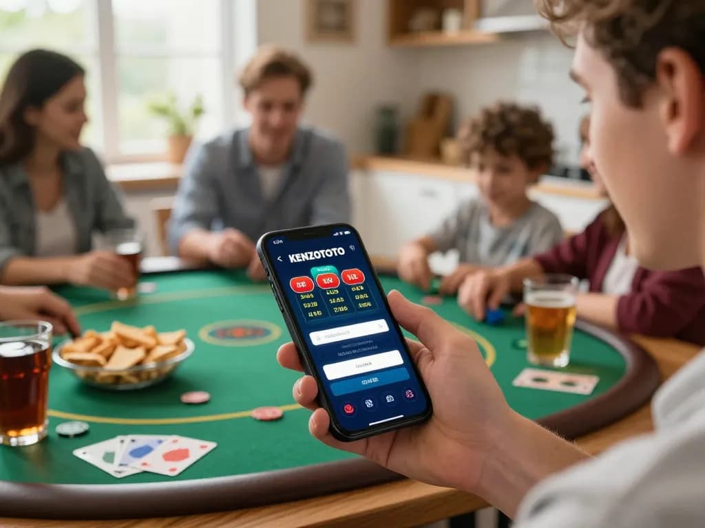 Berkecimpung dalam permainan online yang bertanggung jawab dengan login KENZOTOTO di smartphone dalam suasana dapur keluarga yang nyaman.