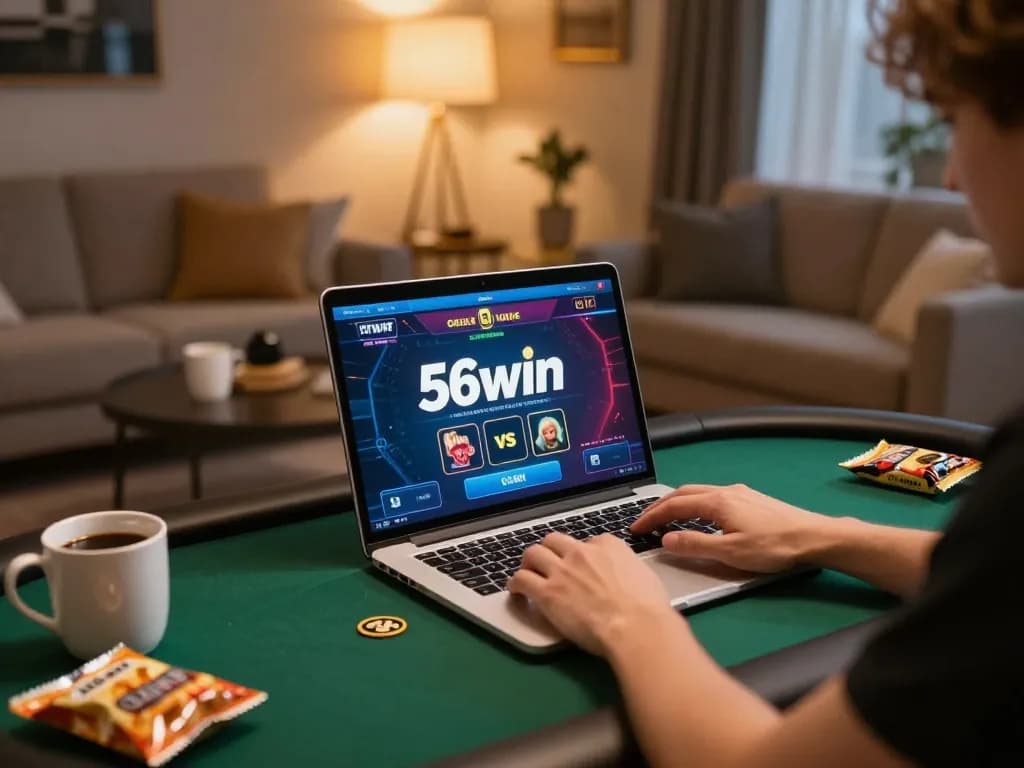 Player engaging in online poker at 56win, showcasing a cozy gaming setup.