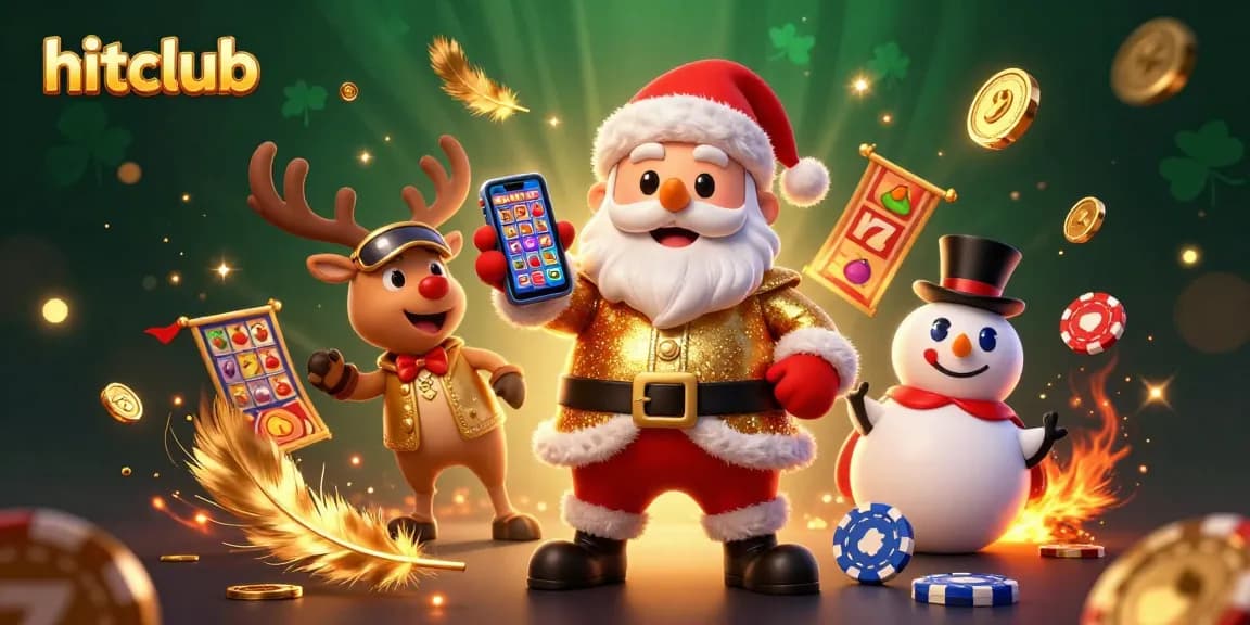 Hitclub's festive casino illustration with Santa, reindeer, and snowman around jackpot slots.