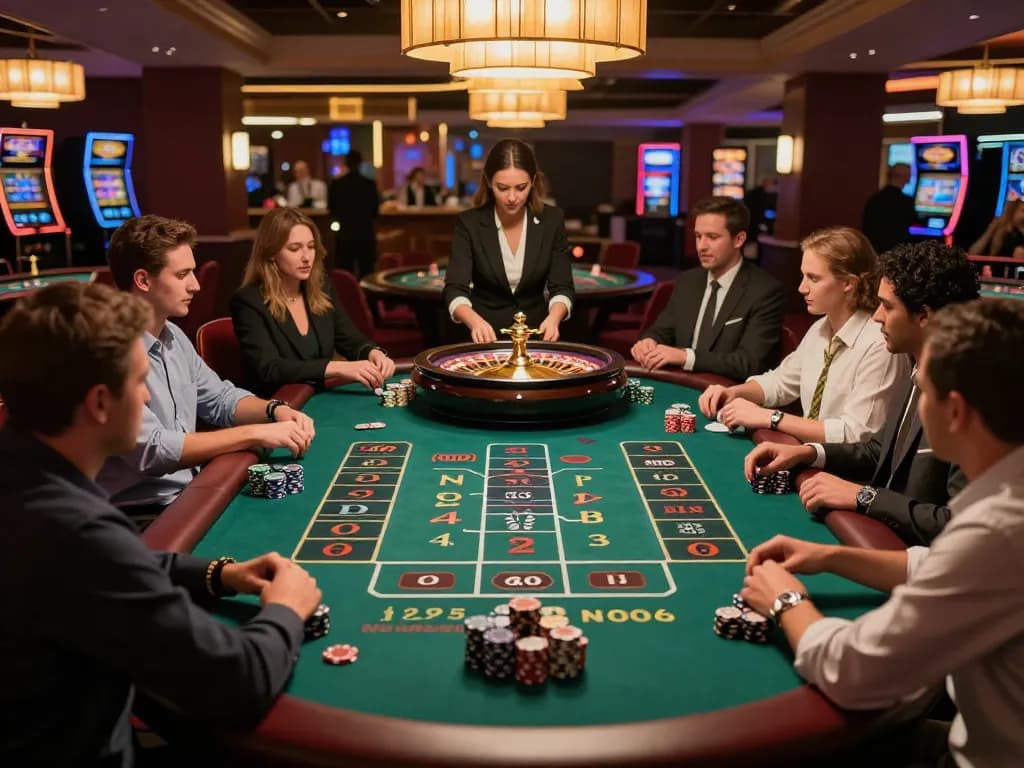 Engaged players place bets at the roulette table, highlighting dh88 experience in a lively casino atmosphere.