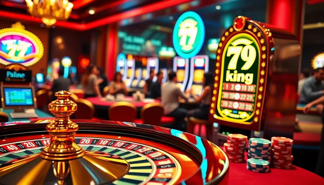 Experience high-stakes gaming at 79king with vibrant tables, poker chips, and slot machines.