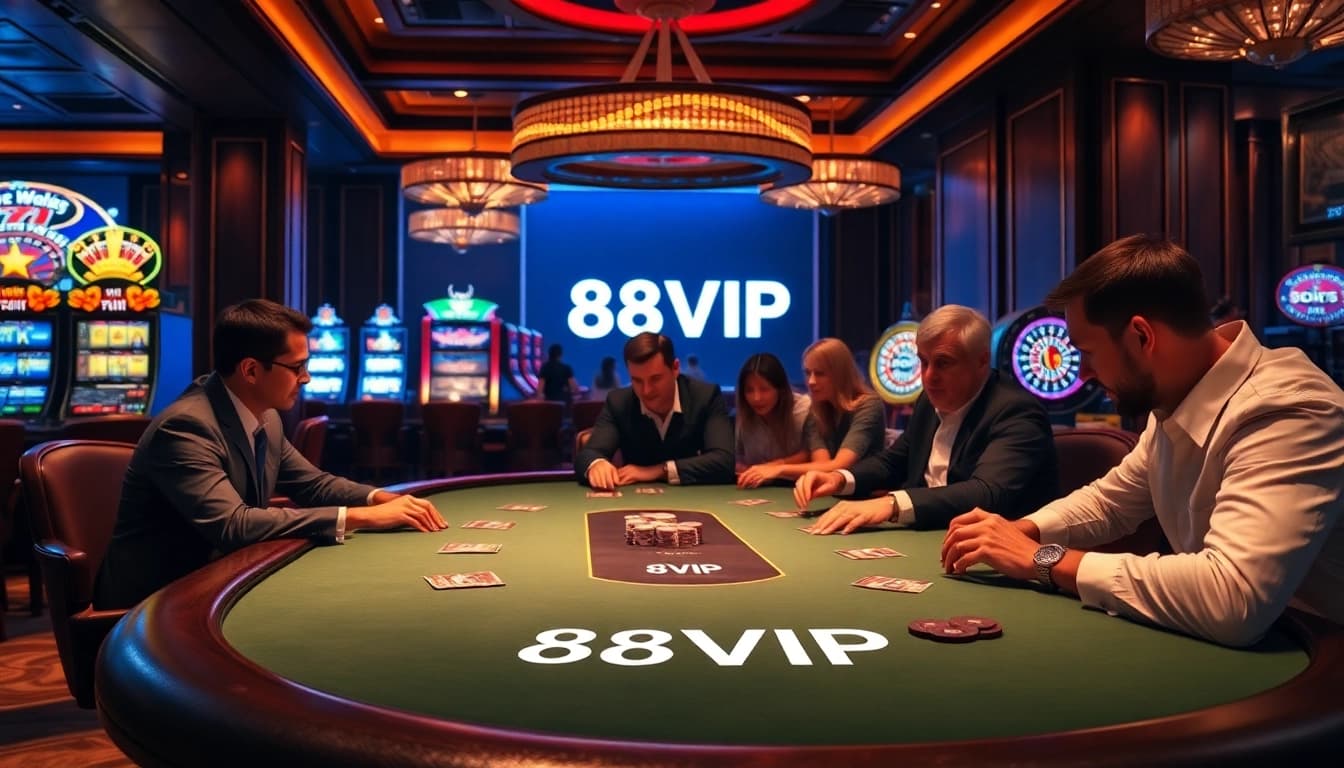 Players engaged at a 68VIP poker table in a luxurious casino setting.