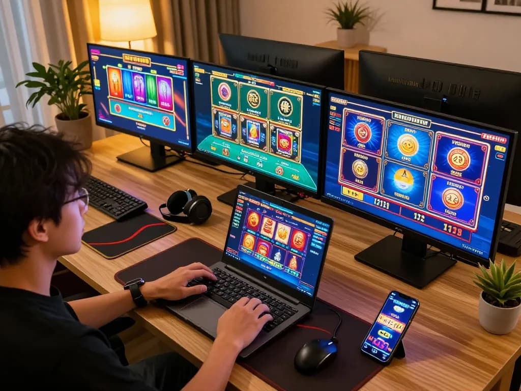 Engaged player exploring TT88 online gaming options on multiple screens