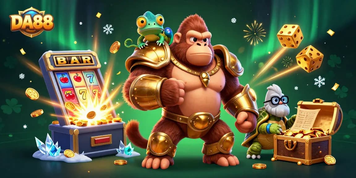 Engage with DA88's thrilling casino scene featuring a gorilla king, chameleon, and tortoise amid jackpot excitement.