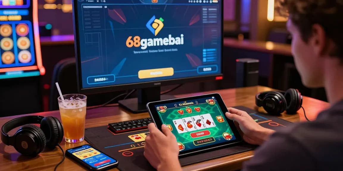 Player enjoying 68gamebai live casino experience with tablet and vibrant gaming graphics.