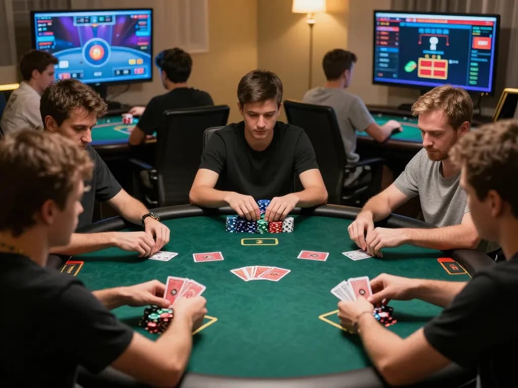 Players engage in strategic gameplay at LuckyIndex's online poker table with chips and cards.