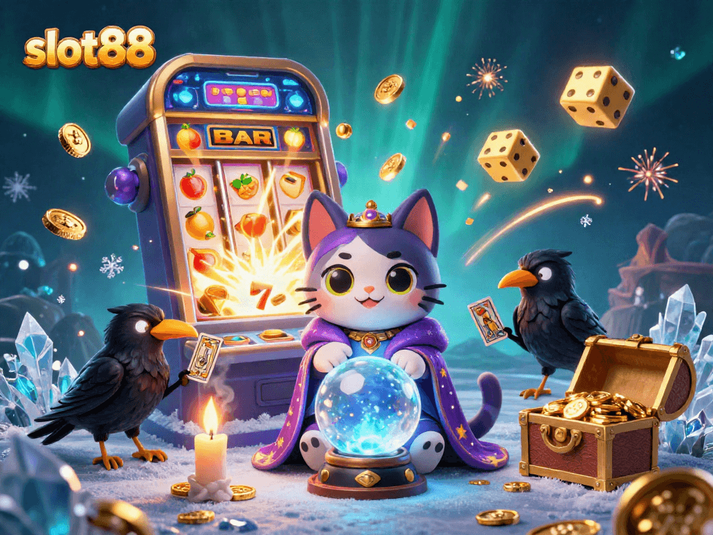 Join the celebration at slot88 with vibrant casino elements, kitty mystic, and a jackpot explosion!
