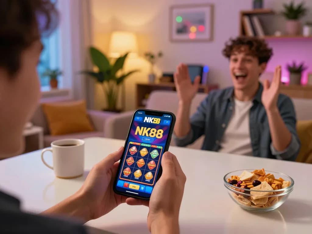 Engaging in online gaming with the NK88 app on a smartphone during a cozy home session.