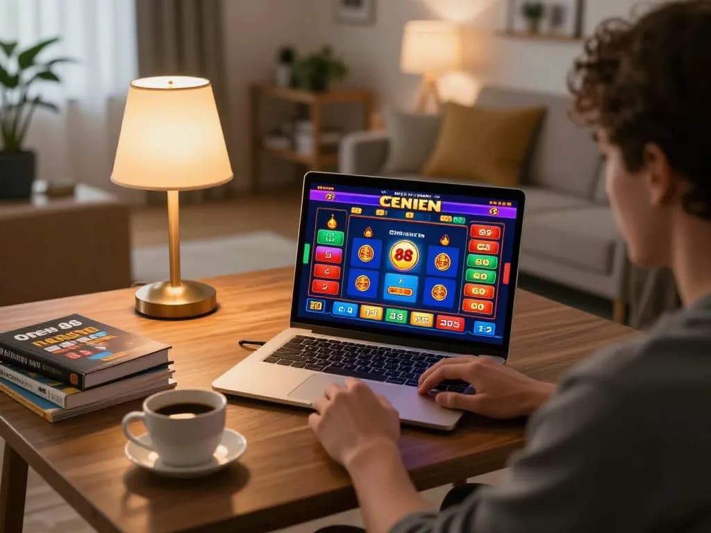 Engaging in an open 88 game at home with a laptop, coffee, and strategy materials.