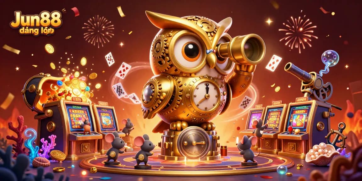 Experience the excitement of Jun88 đăng nhập with this vibrant casino-themed illustration featuring a golden owl and treasure!