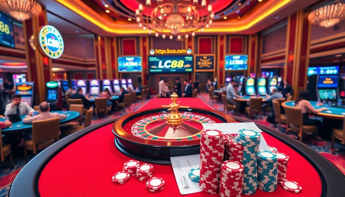 Experience high-stakes gambling action at https://lc88.co.com/ with a thrilling roulette table and poker players.