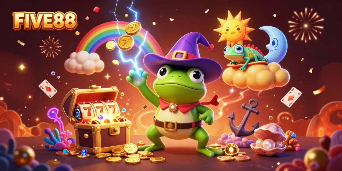 Engage with FIVE88 through thrilling slot gameplay illustrated by wizard frog and chameleon