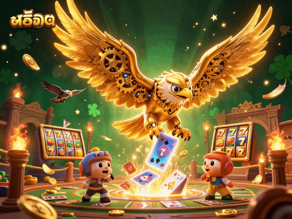 Immerse in สล็อต gaming with a dynamic scene of a golden eagle soaring through playing cards amidst slot reels.