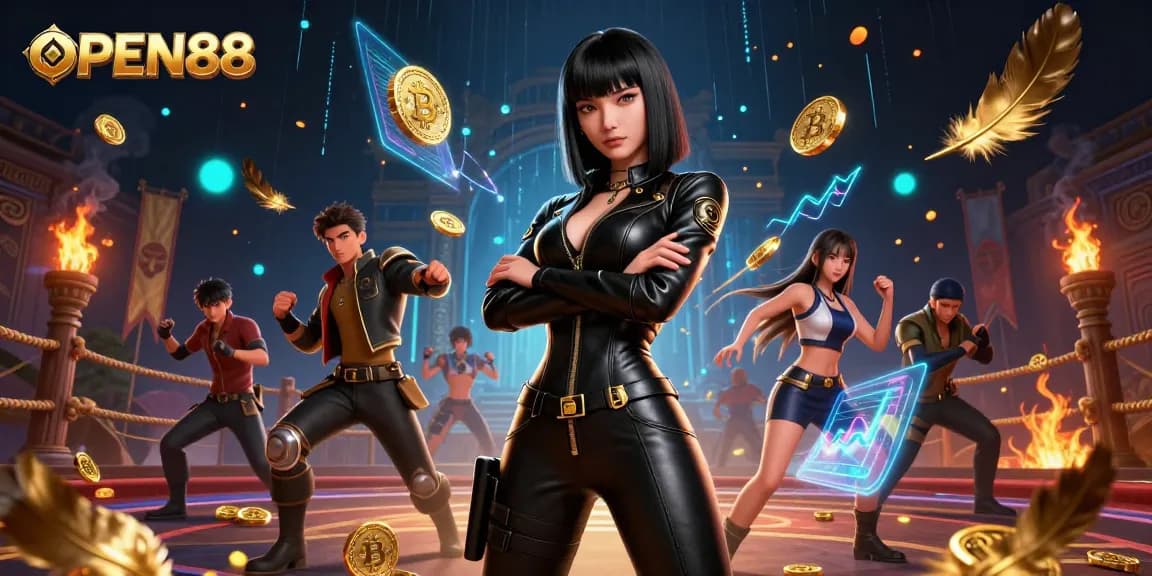 Experience thrilling gaming with OPEN88’s vibrant digital casino world featuring an Asian woman in sleek attire.