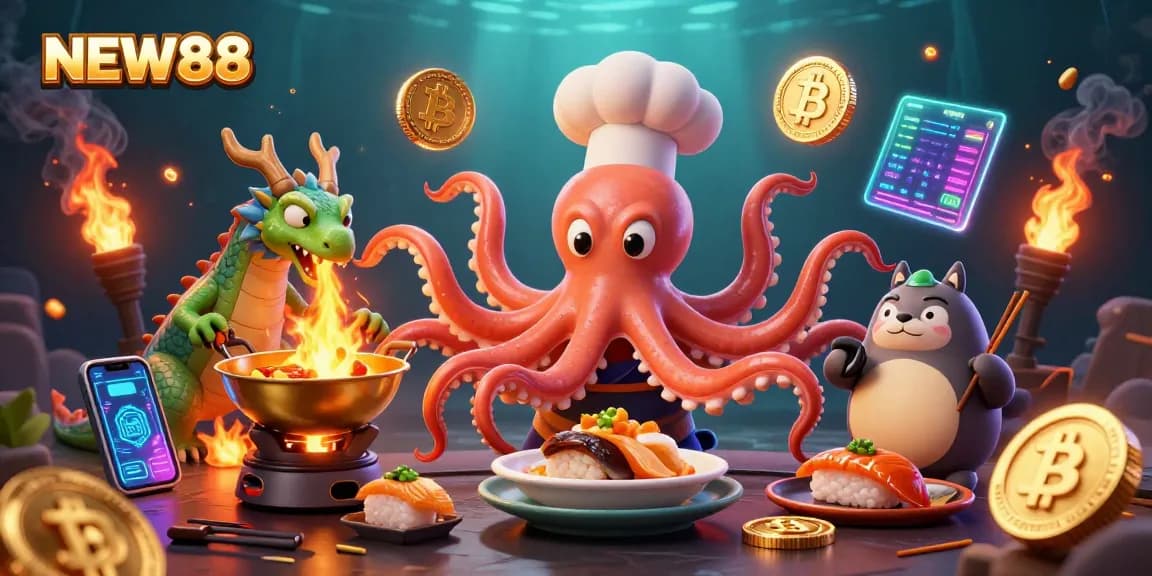 Engage in exciting gaming at NEW88 with vibrant characters and dynamic crypto elements.