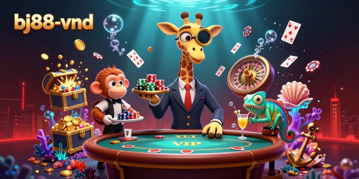 Experience the excitement of bj88-vnd with high-roller giraffe, monkey valet, and chameleon bartender in a vibrant casino scene.