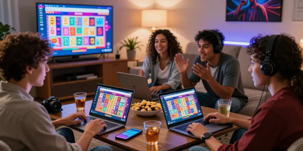 Group of friends engaging in a dynamic online 4D lottery gaming session, displaying excitement.