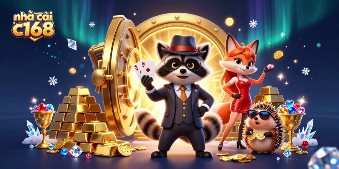This vibrant scene showcases nhà cái c168 with a suave raccoon, elegant fox, and bouncer celebrating big wins at a casino.