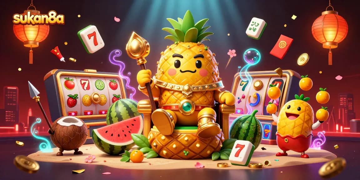 Sukan8a showcases a vibrant casino scene with a golden pineapple king and playful elements for engaging players.