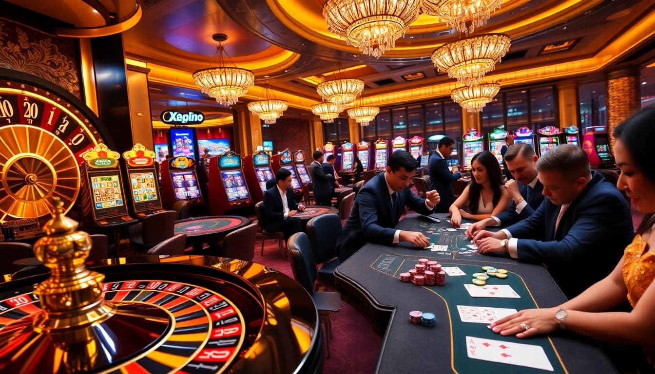 Players enjoying exciting games at X88.com casino, featuring roulette and poker tables.