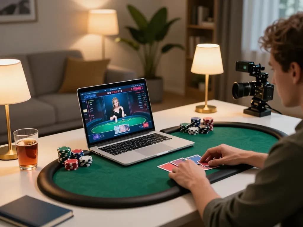 Player engaging with poker strategy on bongdalu88 at a cozy home setup, laptop and chips in view