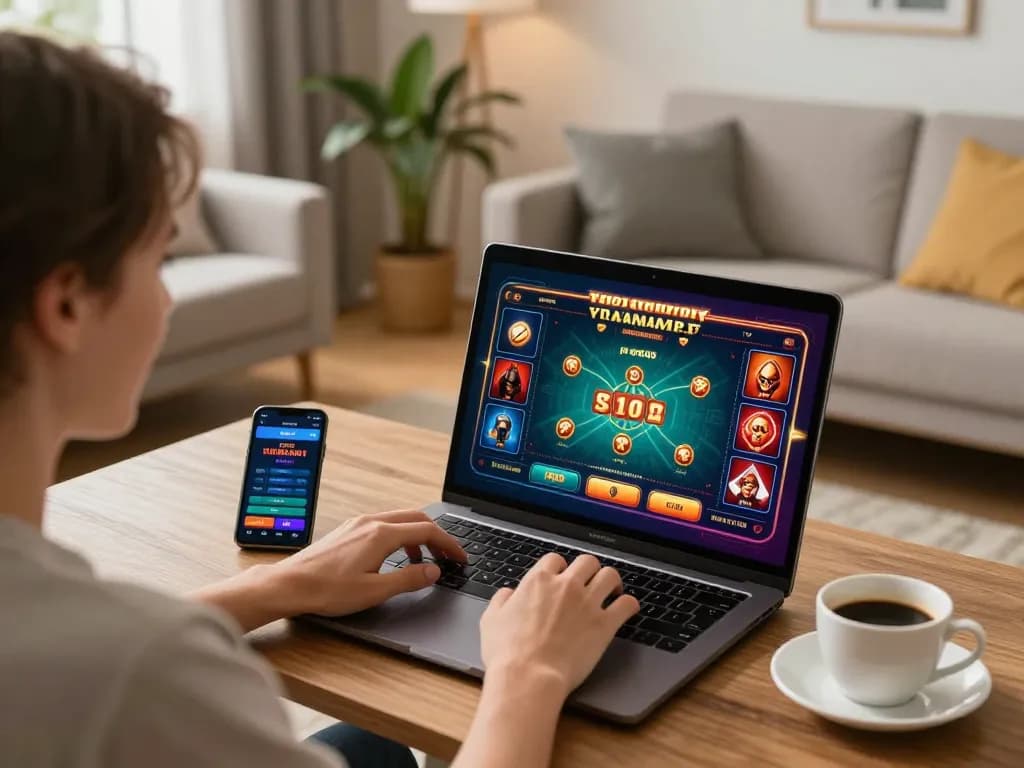 Engaging in online gaming at trang chủ 789bet with laptop and mobile app in cozy home setting