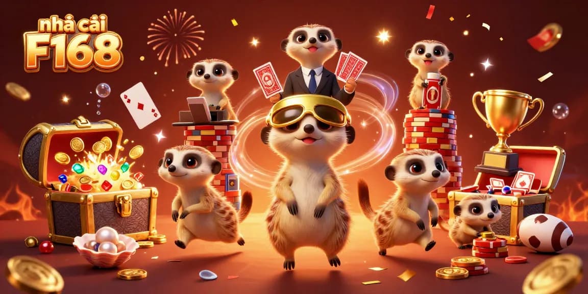 Experience the excitement at nhà cái F168 with meerkats celebrating in a vibrant casino scene.