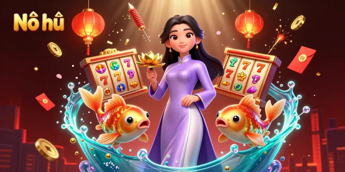 Nổ hũ jackpot scene featuring vibrant slot reels and a styled Asian woman in traditional attire.