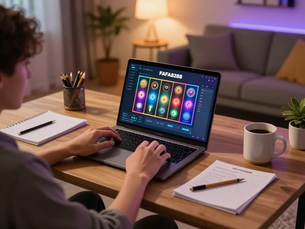 Player enjoying FAFA828 online slots at home, highlighting an engaging and strategic gaming experience.
