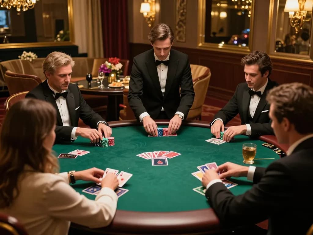 Pemain yang terlibat dalam permainan poker bertaruh tinggi di lokasi mewah dengan merek Ulat123, menunjukkan ketegangan dan strategi.