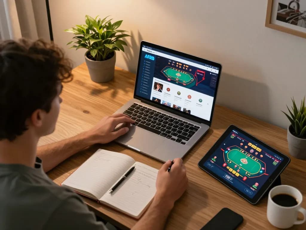 Using the af88 app on a tablet with a cozy home office setting, analyzing betting strategies.