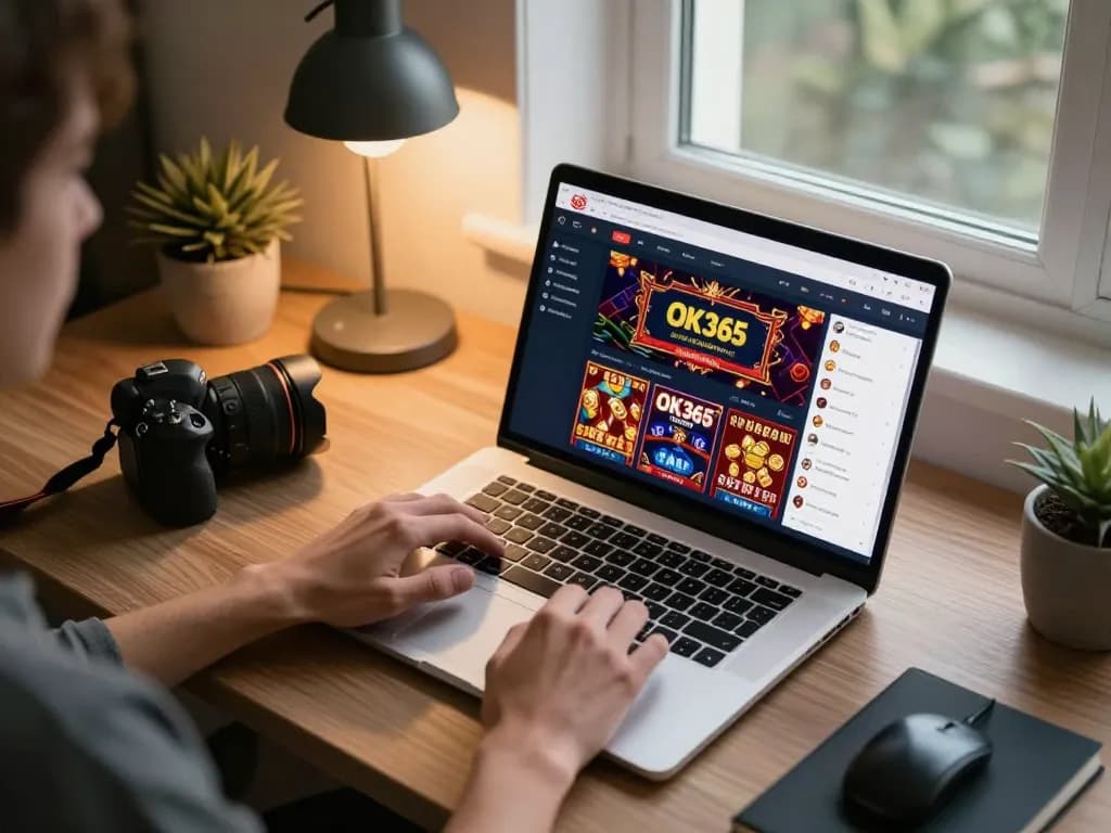 Enjoying gameplay on OK365 com with laptop in stylish home setup and modern decor