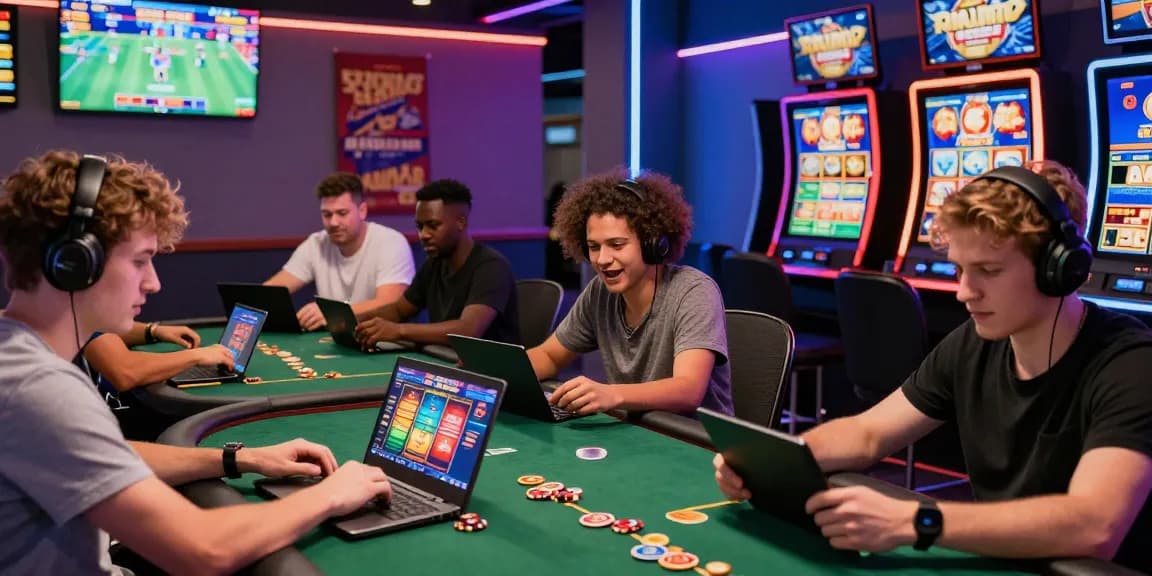 Exciting online gaming atmosphere at go99 with players engaged in casino games, modern lounge setting.
