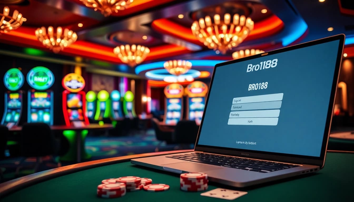 bro138 login on a laptop at a luxurious casino with poker chips and cards.