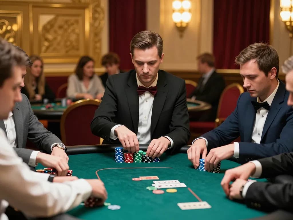 Players engage in an intense poker game at a luxury casino, showcasing strategic gameplay with chips and cards, HM88 experience.