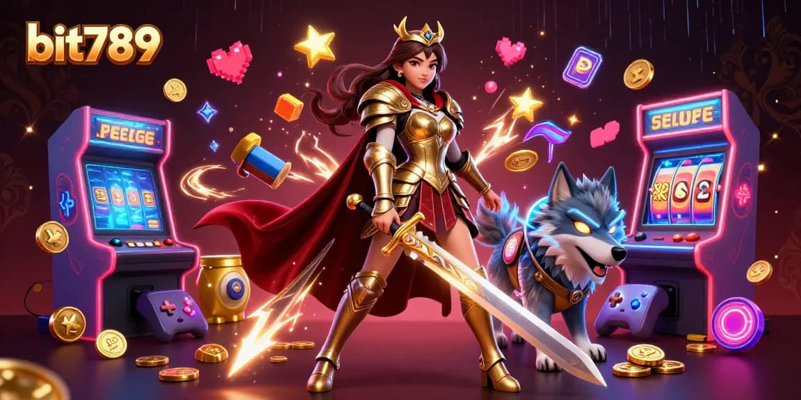 Experience thrilling wins on bit789 with a warrior queen and her glowing wolf companion in an arcade-inspired casino.