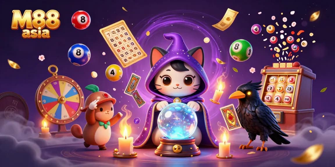 Experience M88 asia's thrilling lottery action with colorful, dynamic elements surrounding mystical characters.