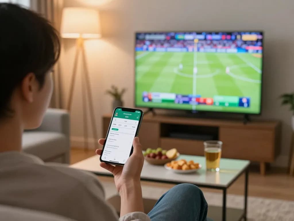Person engaging in sports betting at home using a mobile app on trang chủ xx88 with live game on TV.