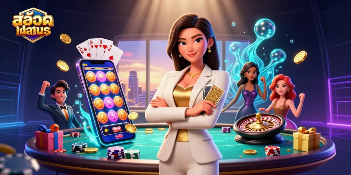 Experience สล็อตทดลอง with a powerful businesswoman in a vibrant casino scene loaded with engaging game elements.