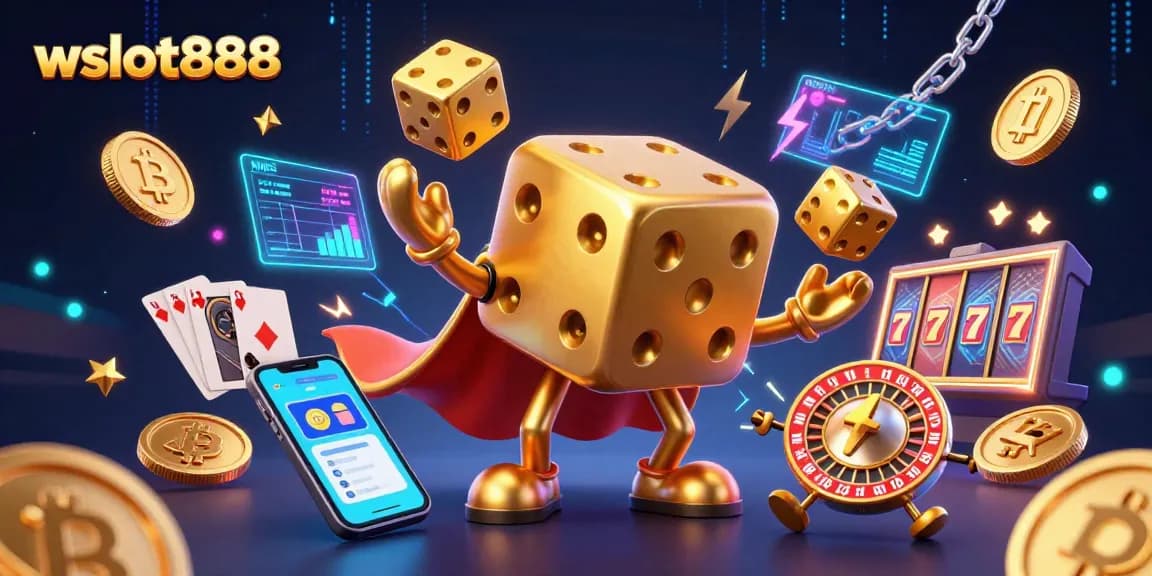 Gulung dadu emas besar wslot888, diiringi simbol slot dan koin kripto, menggambarkan permainan kasino yang menyenangkan.