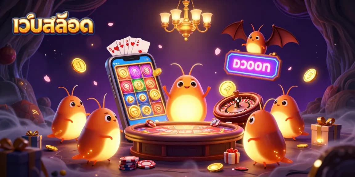Spin vibrant เว็บสล็อต reels surrounded by glowworms illuminating a magical casino scene with a bat dealer.