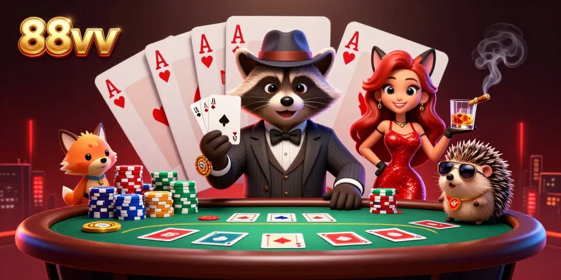 Experience the excitement of 88vv with a suave raccoon, charming fox, and bouncer at a poker table.