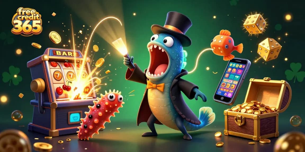 Experience the excitement of free credit 365 at a magical online casino with vibrant characters and thrilling elements.