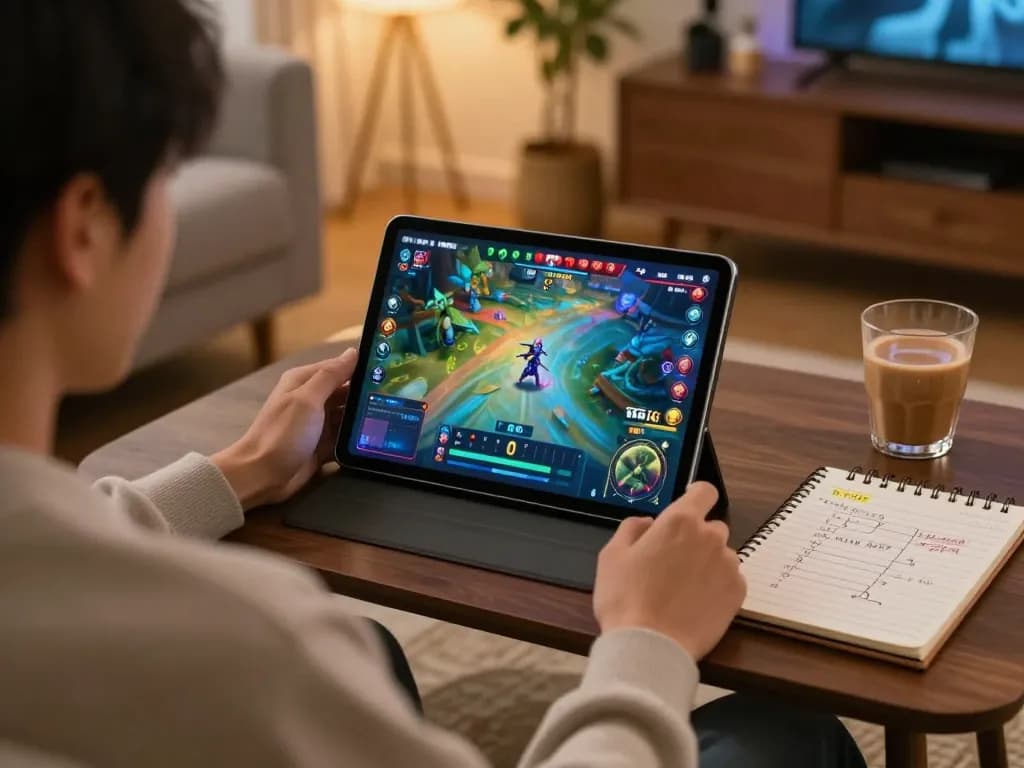 Engaging in game nổ hũ on a tablet in a cozy home setting with strategic notes